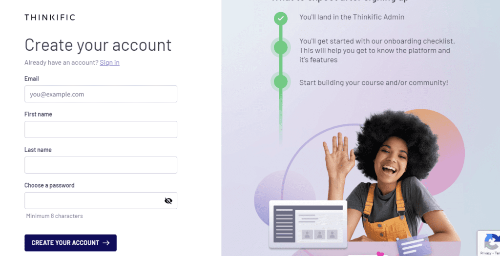 Thinkific Sign up page